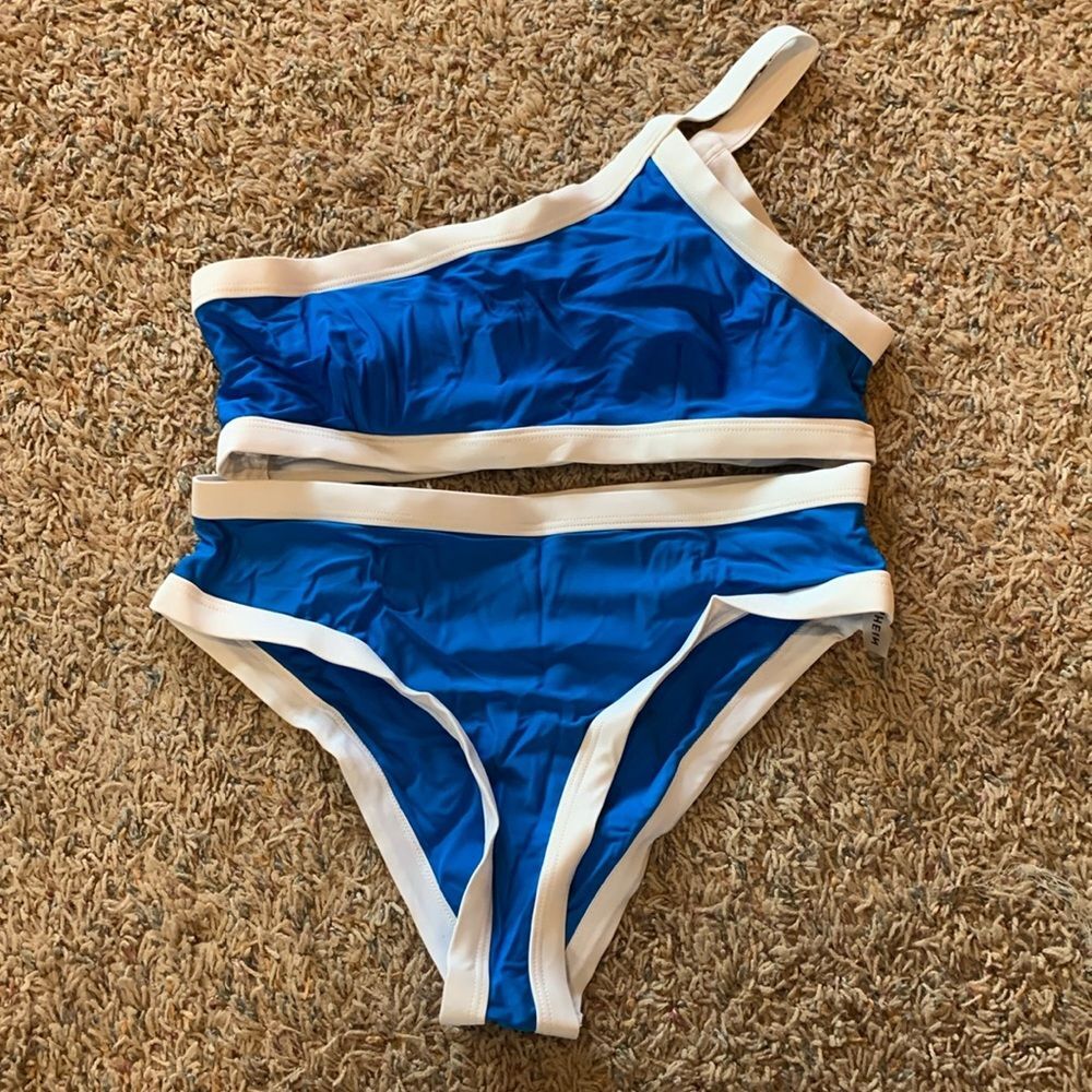 Women’s Juniors Shein Sporty Bold Blue White Colorblock Swimsuit Bikini Set S